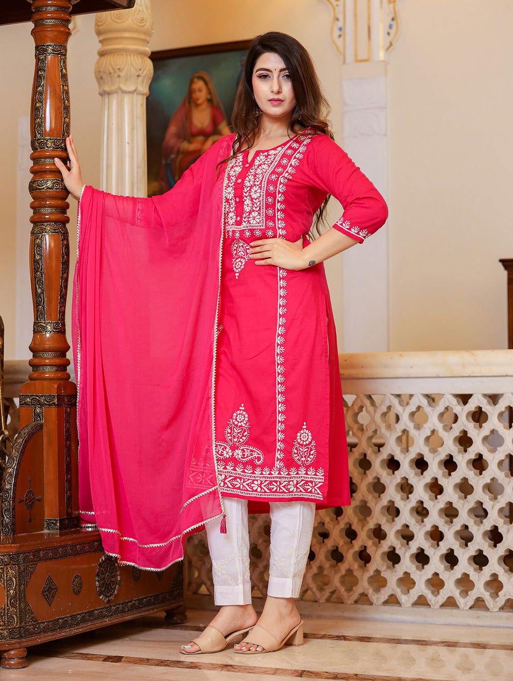 Pink_Hand_Embroidered_Lucknow_Chikankari_Kurta_Set_With_Dupatta_set_of_3_-_Kaajh_-_tag4_-1726282