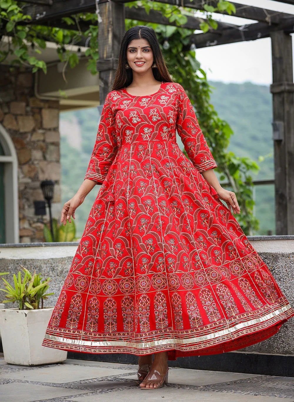 Red_Gold_Printed_Embroidered_Cotton_Ethnic_Dress_set_of_1_-_Kaajh_-_tag4_-1727384