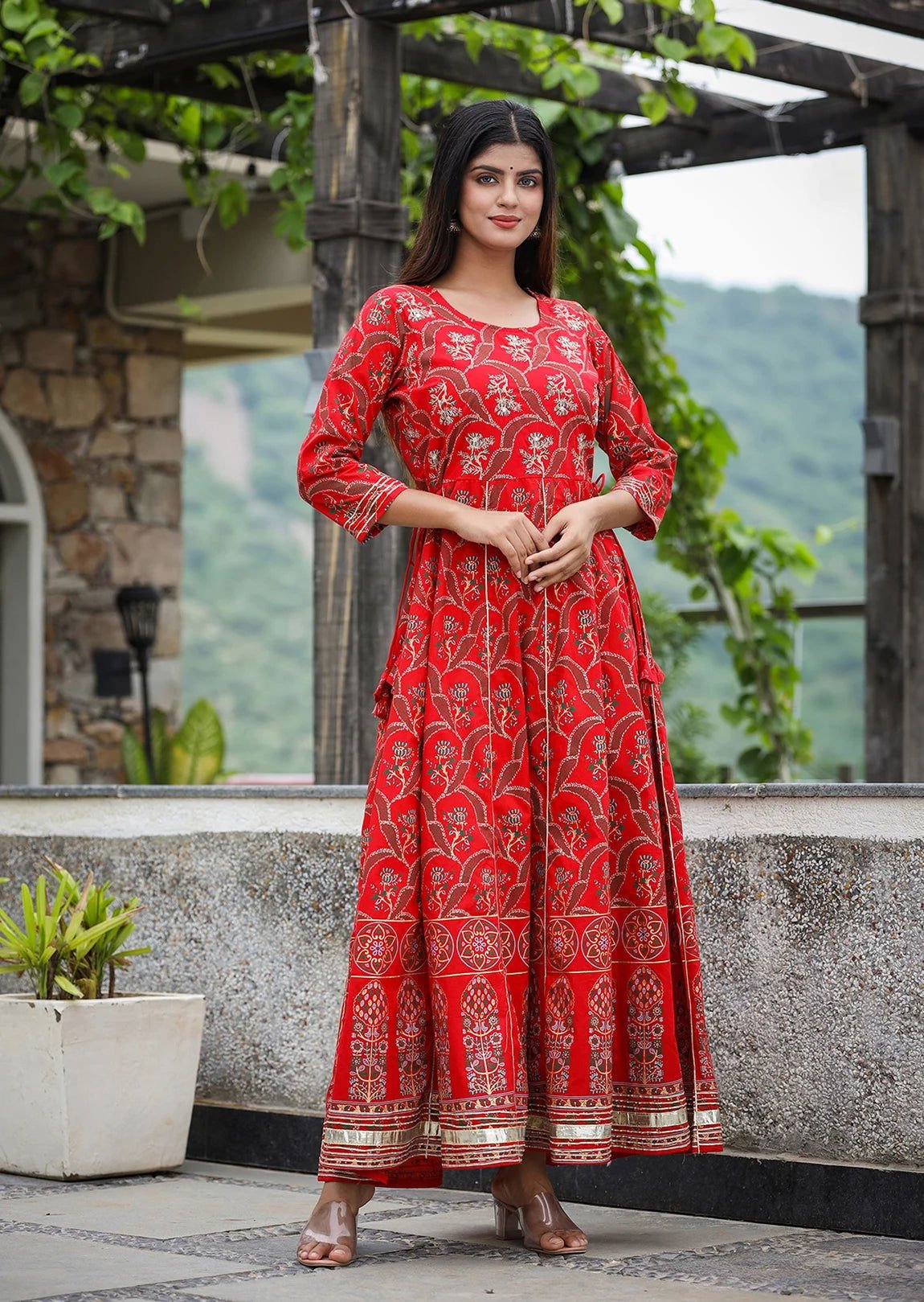 Red_Gold_Printed_Embroidered_Cotton_Ethnic_Dress_set_of_1_-_Kaajh_-_tag4_-1727387